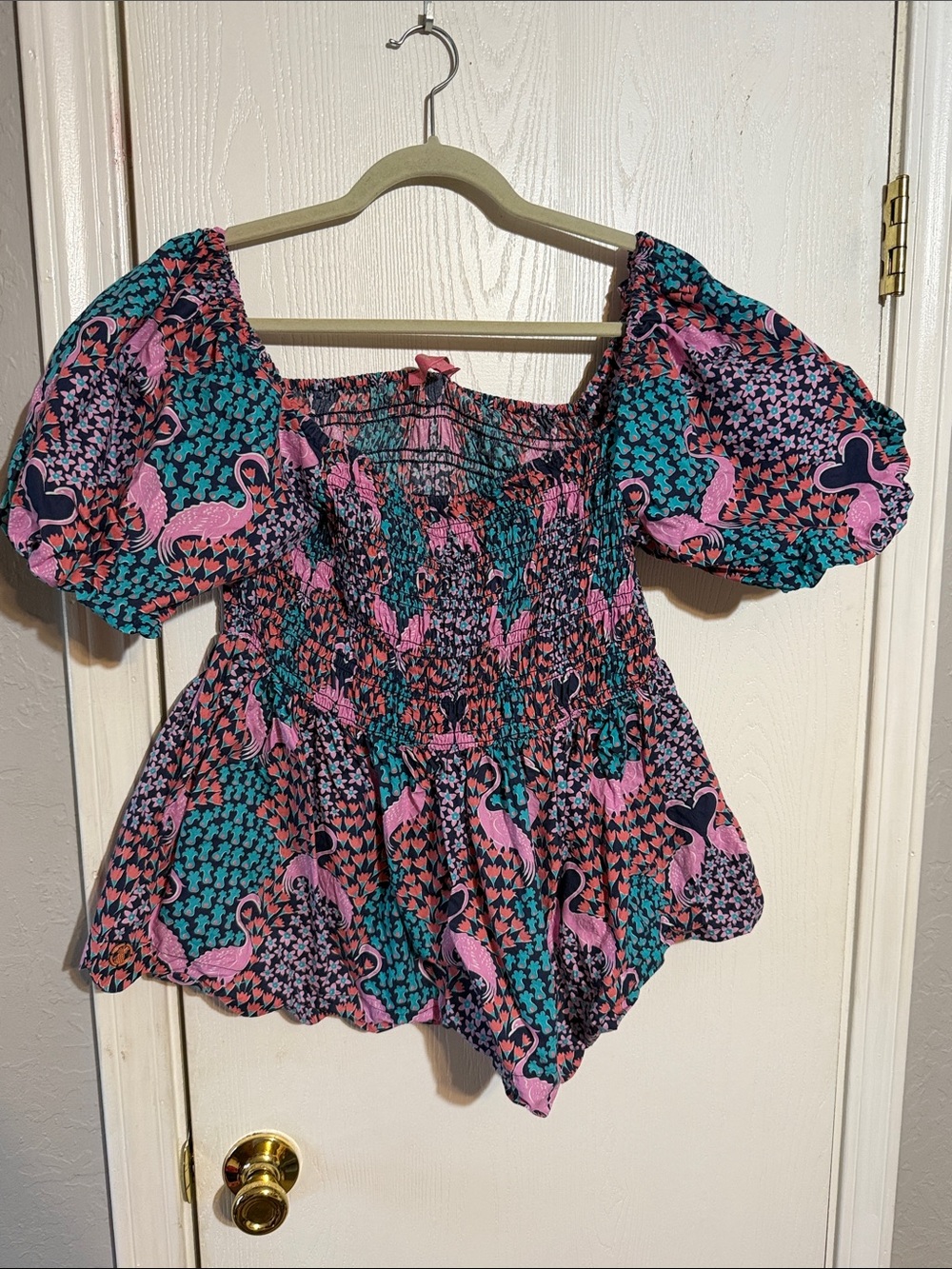 Simply Southern Pink and Teal Smocked Puff-Sleeve Blouse